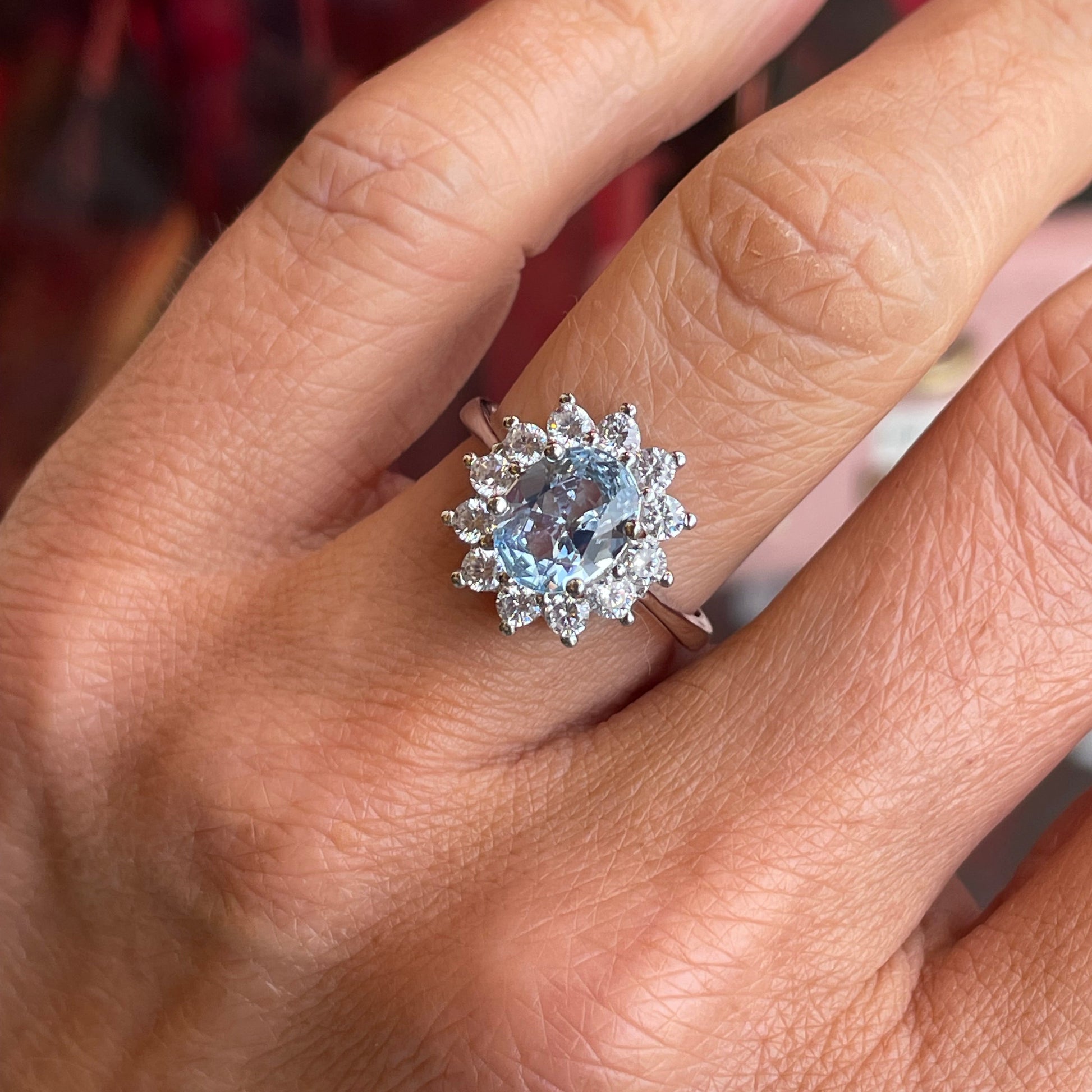 Silver Oval Diana Cluster Ring | Aqua Blue 7x9mm - John Ross Jewellers