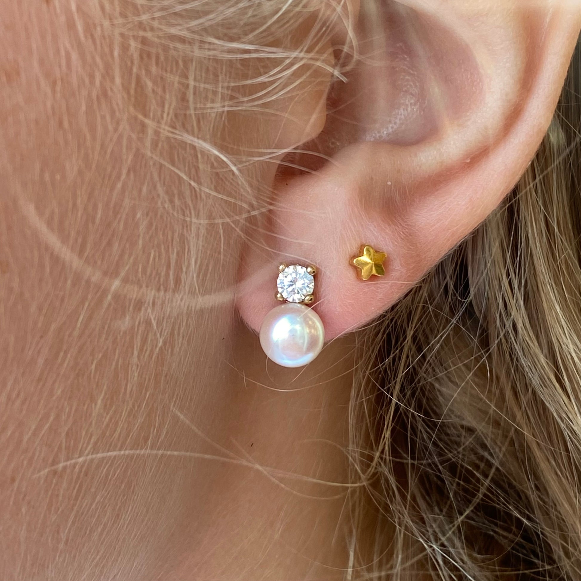 9ct Gold Freshwater Pearl & CZ Double Stud Earrings - John Ross Jewellers