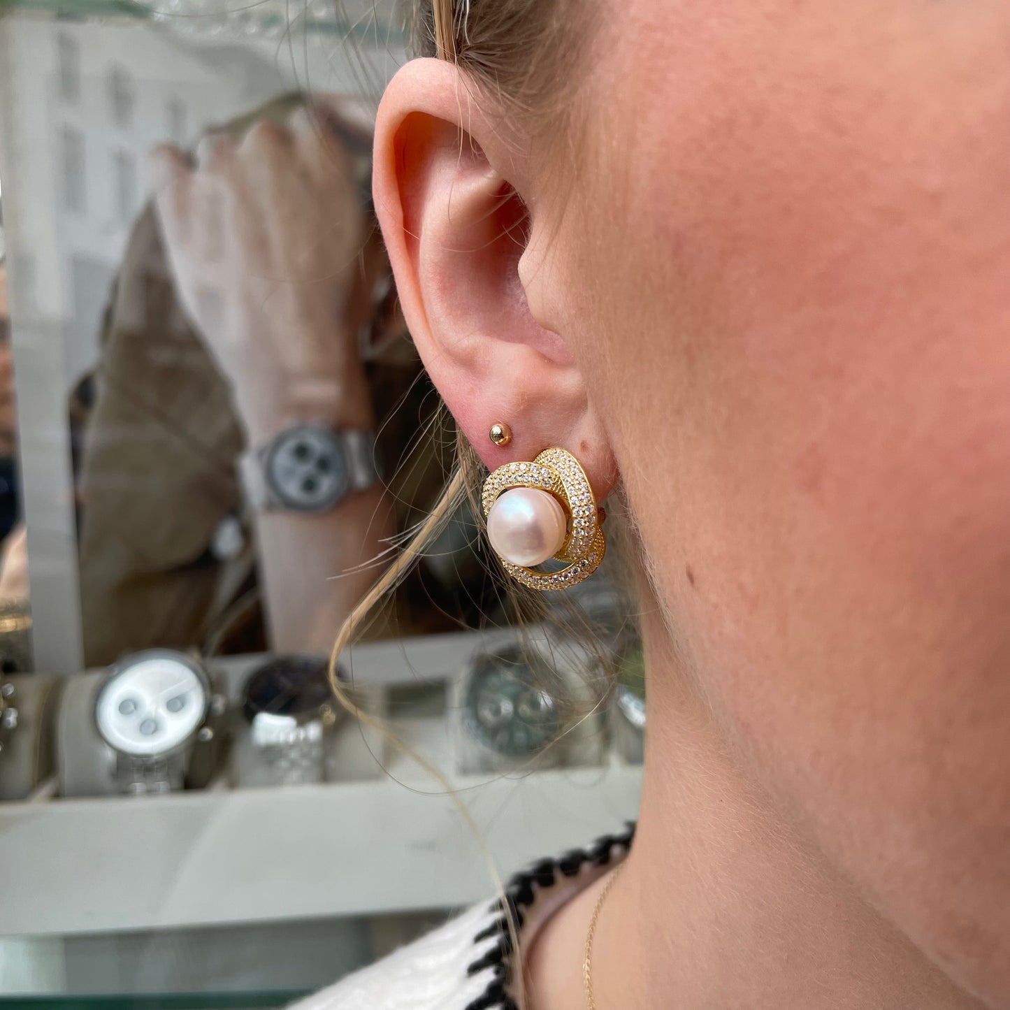 Sunshine 10mm Freshwater Pearl & CZ Swirl Stud Earrings - John Ross Jewellers