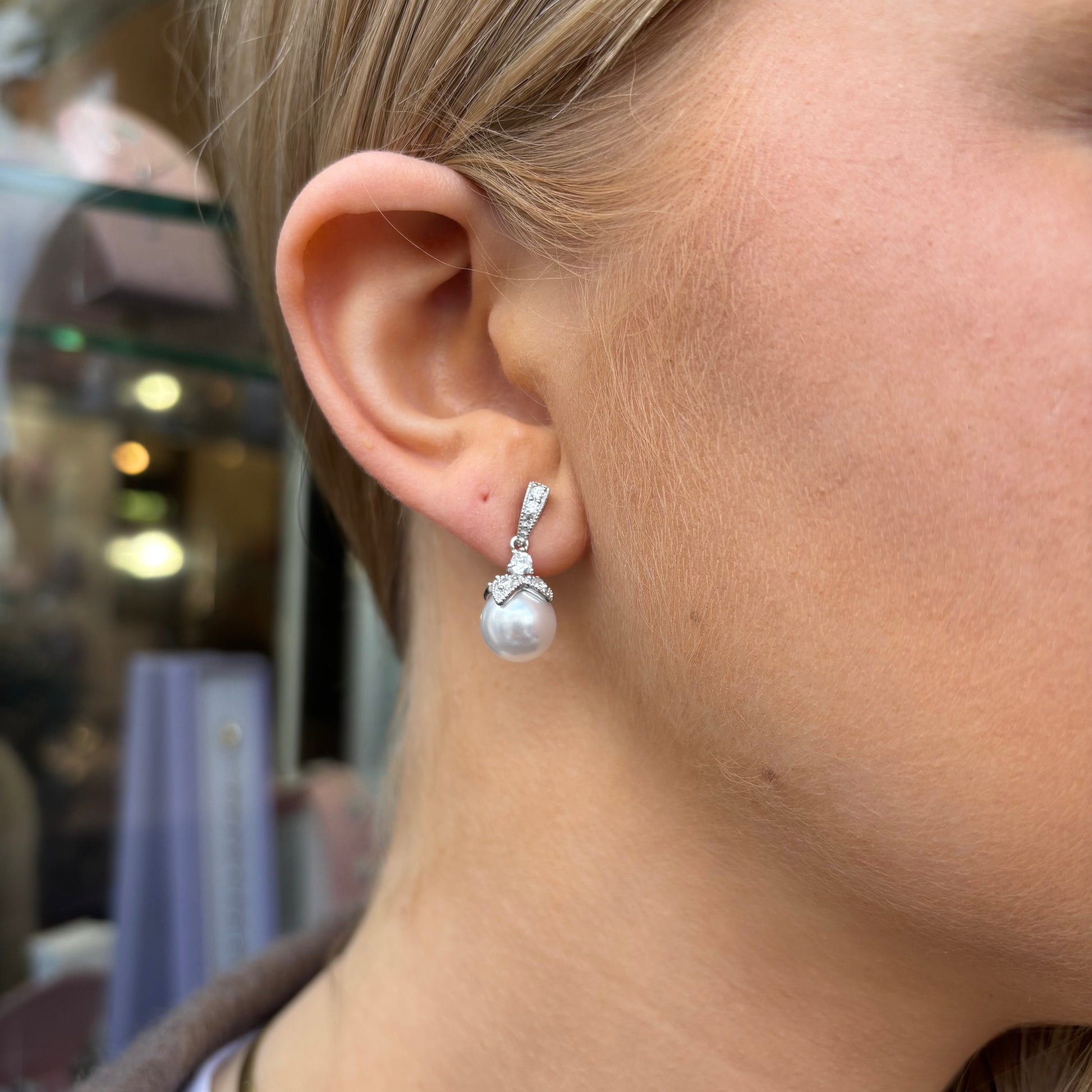 Silver CZ & 10mm Faux Pearl Drop Earrings - John Ross Jewellers