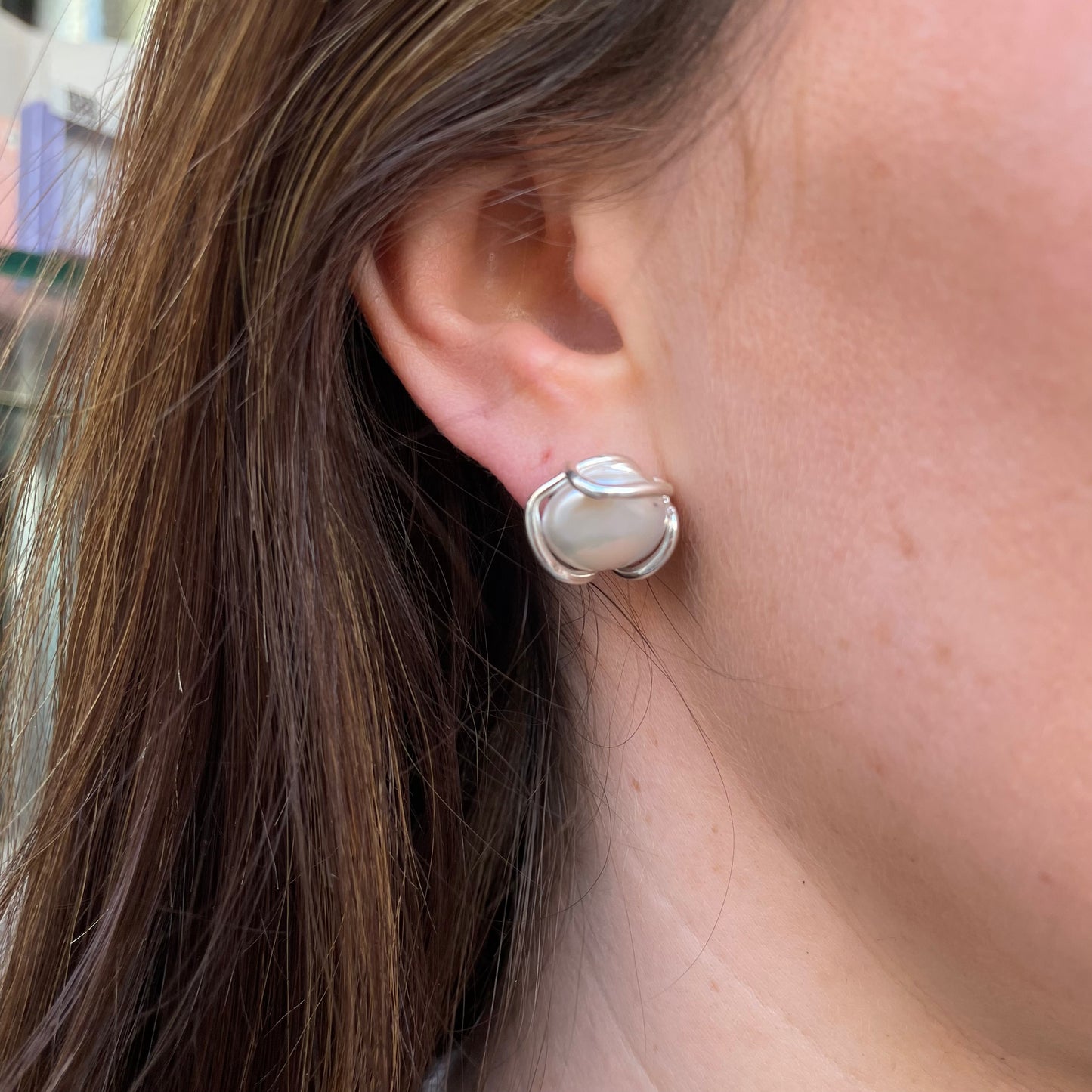 Bruno silver Baroque pearl stud earrings, 13mm size, featuring unique irregular-shaped pearls on classic studs.