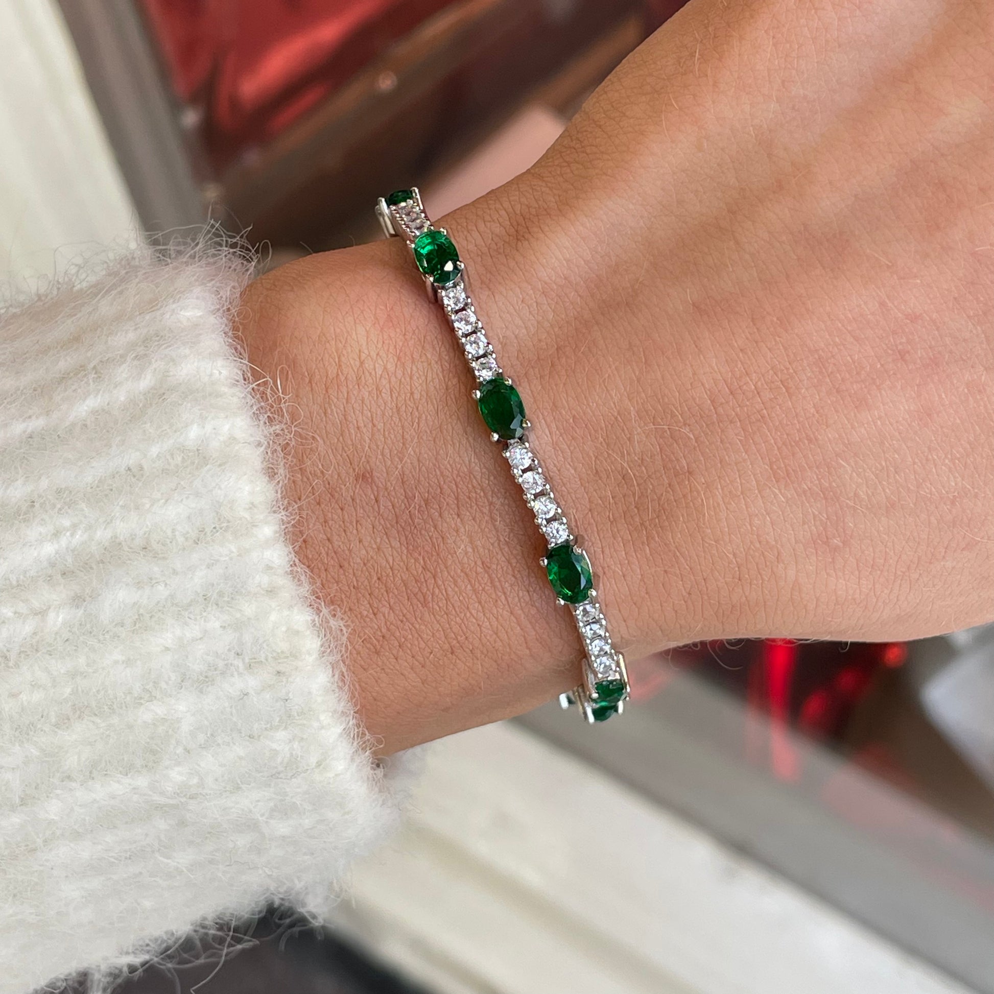 Silver Green CZ Station Tennis Bracelet | 17.5+3cm - John Ross Jewellers