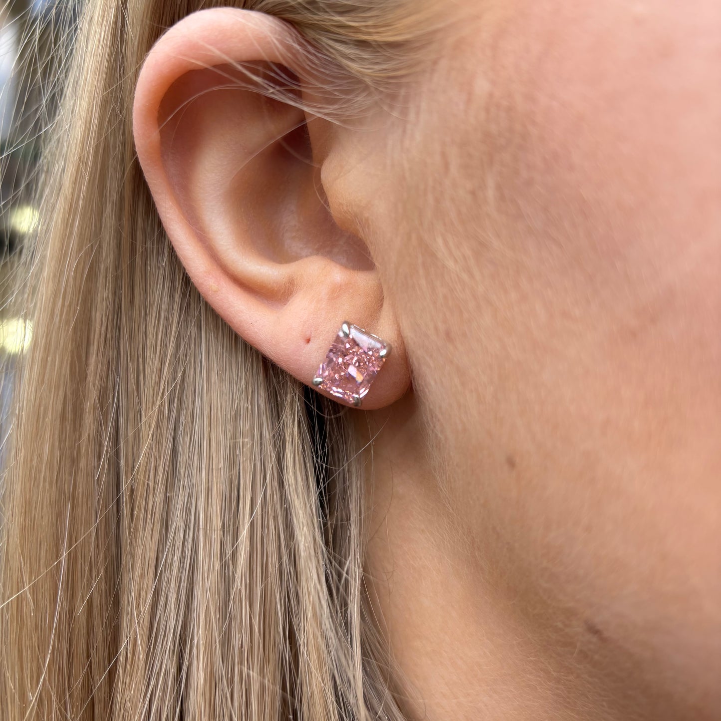 Silver Vivid Pink Radiant CZ Stud Earrings | 7x9.5mm