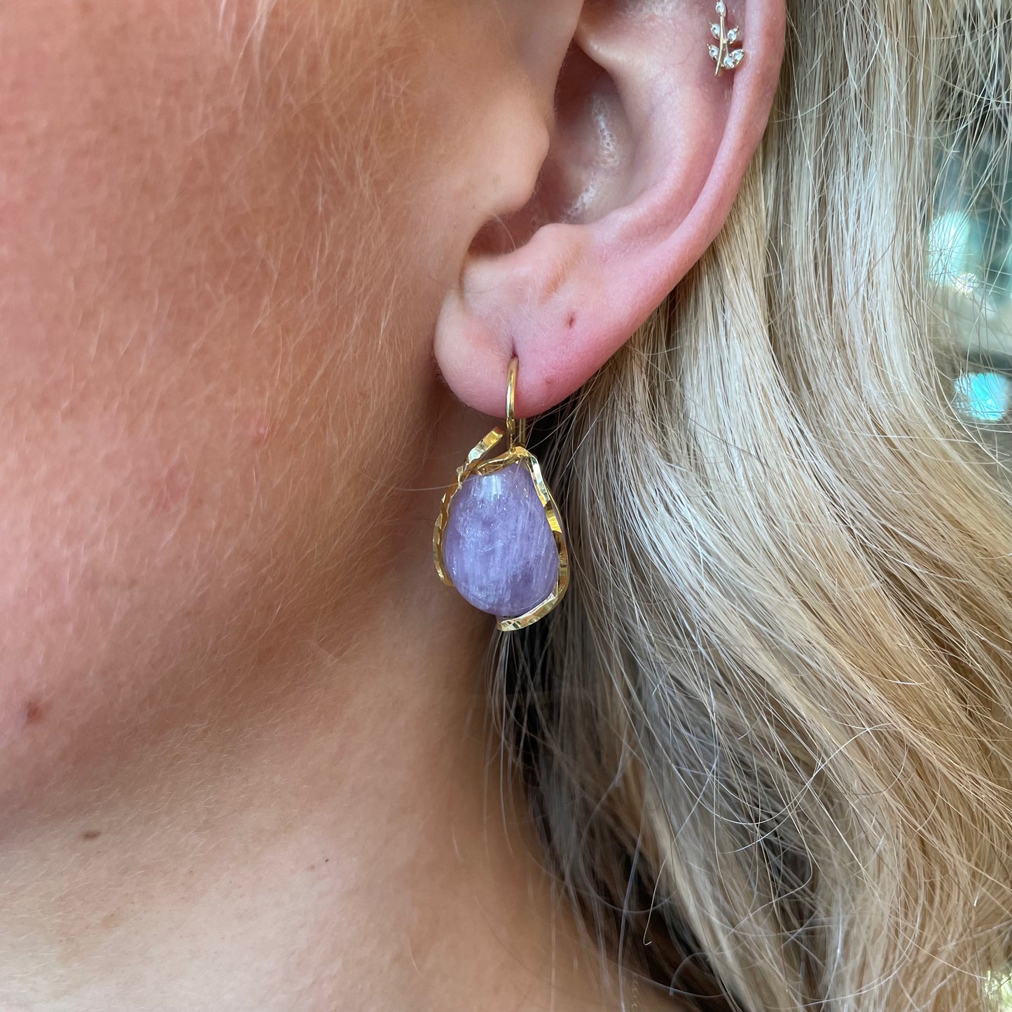 Bruno Baroque Amethyst Scintilla Drop Earrings featuring 32mm x 17mm purple amethyst gemstones with intricate design.
