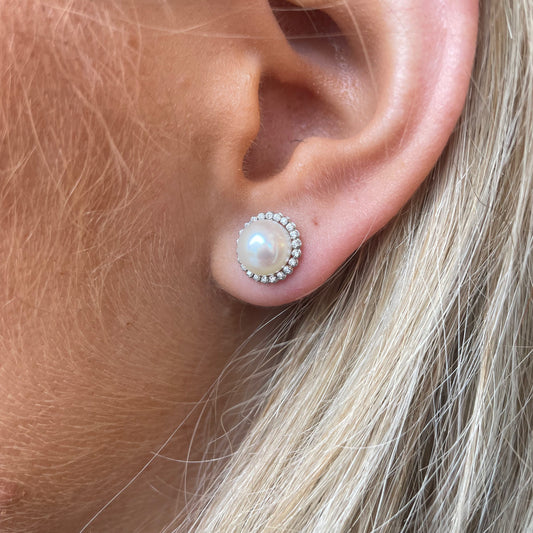 9ct Gold Pearl & CZ Stud Earrings - White Gold - John Ross Jewellers