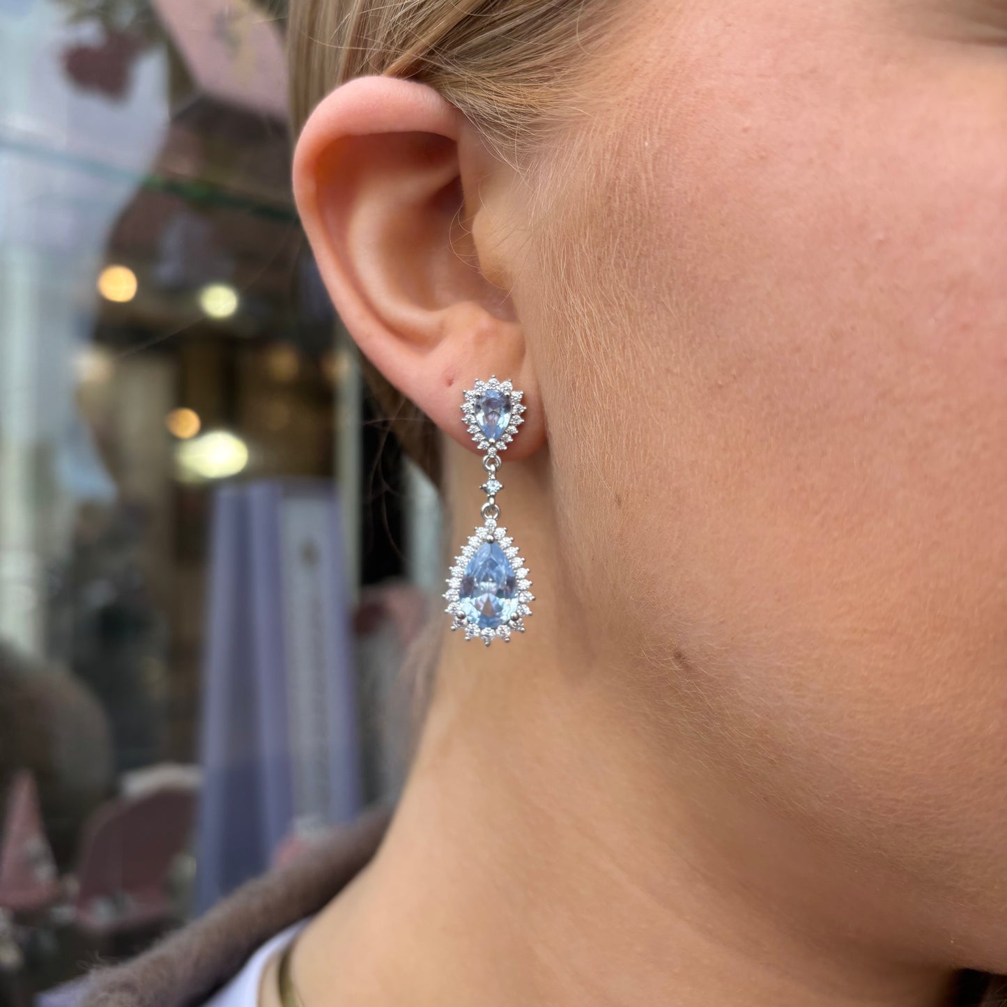 Silver Aqua Pear CZ Drop Earrings - John Ross Jewellers