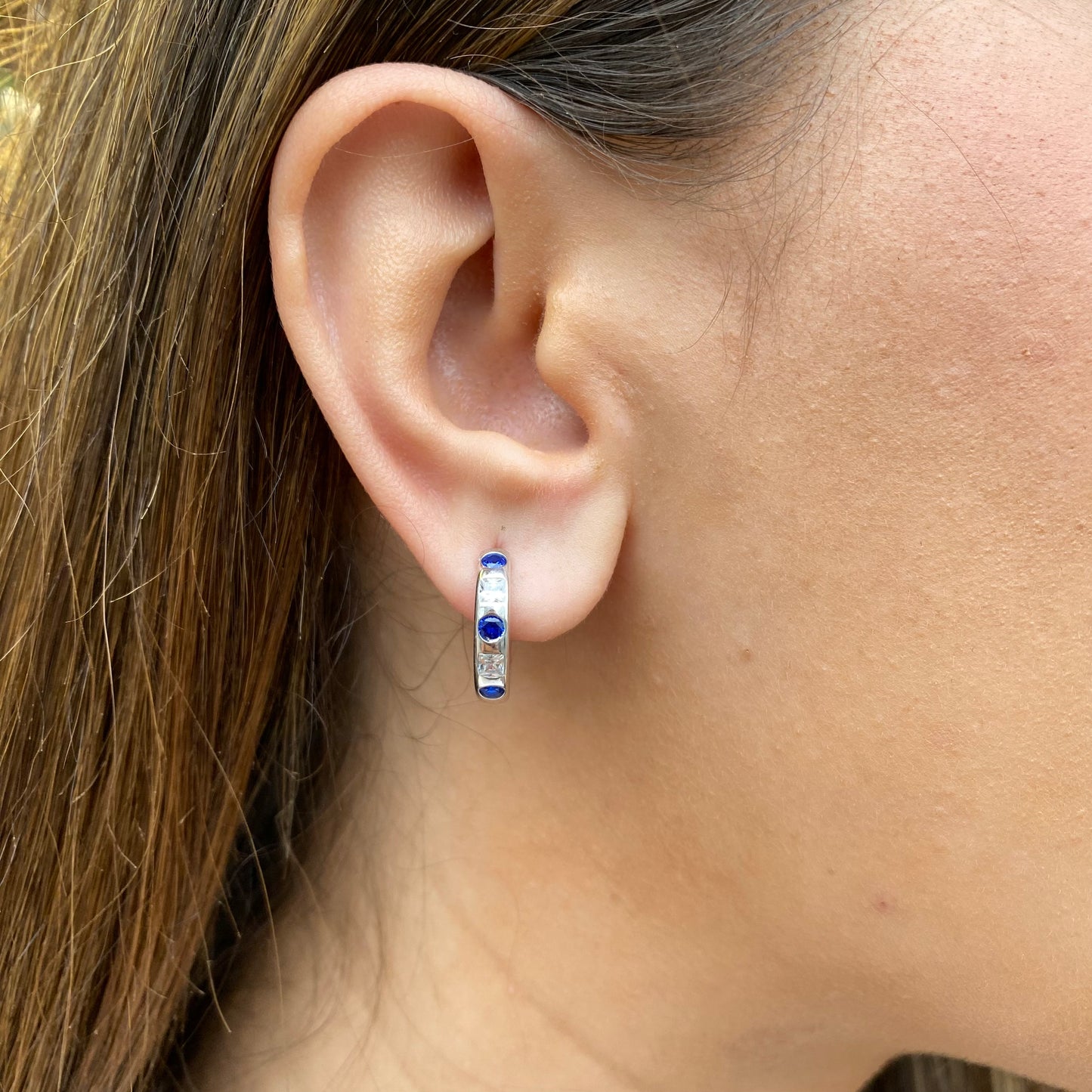 Silver Blue CZ Hoop Earrings