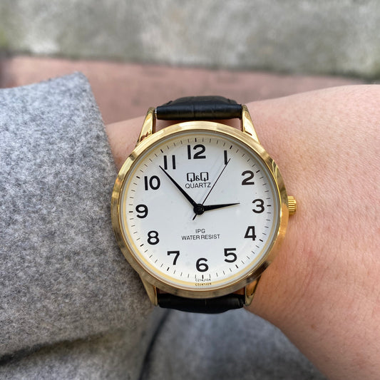 Q&Q Gents Gold Leather Watch - John Ross Jewellers