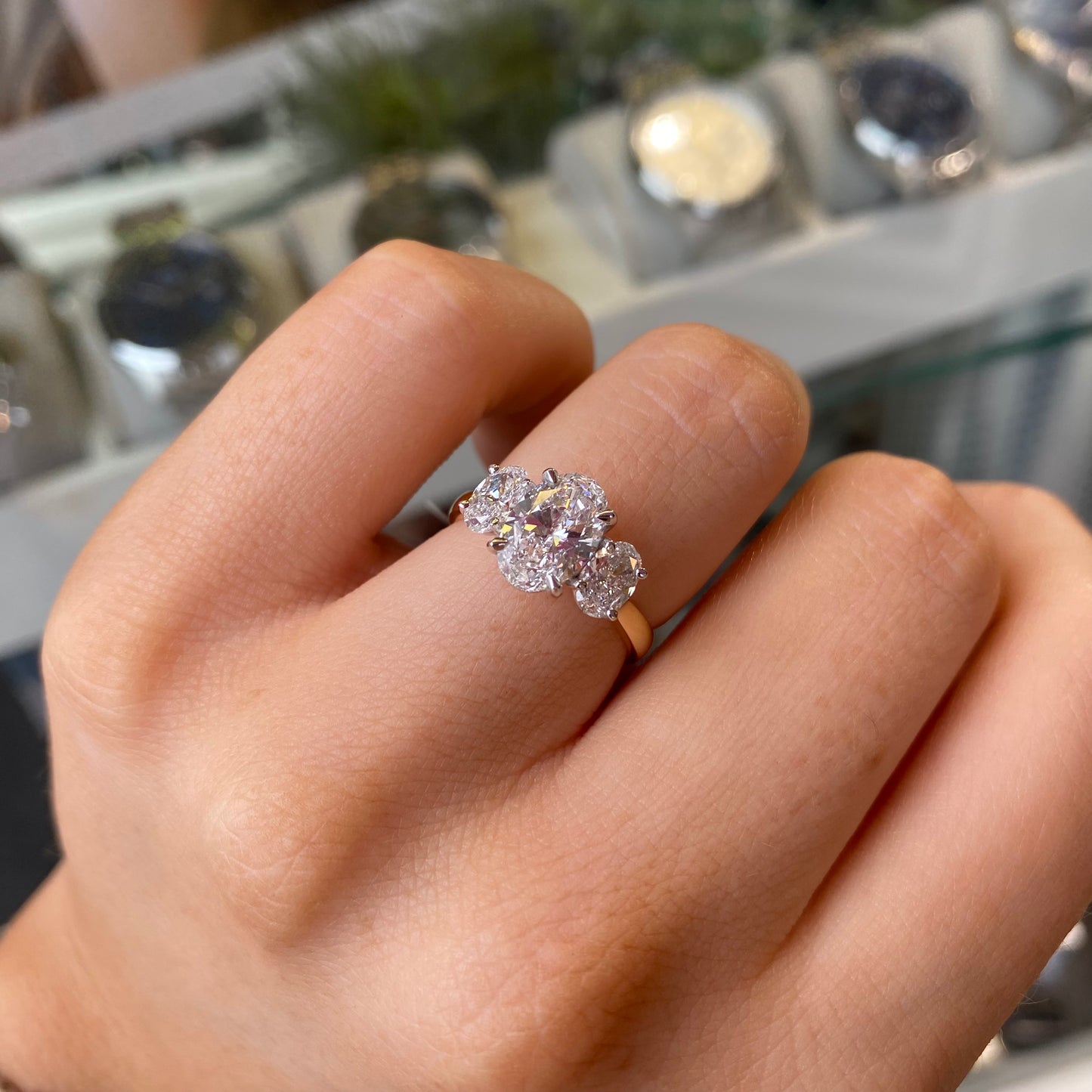 18ct Gold Oval Trilogy Engagement Ring | Lab Certificated 3.06ct - John Ross Jewellers