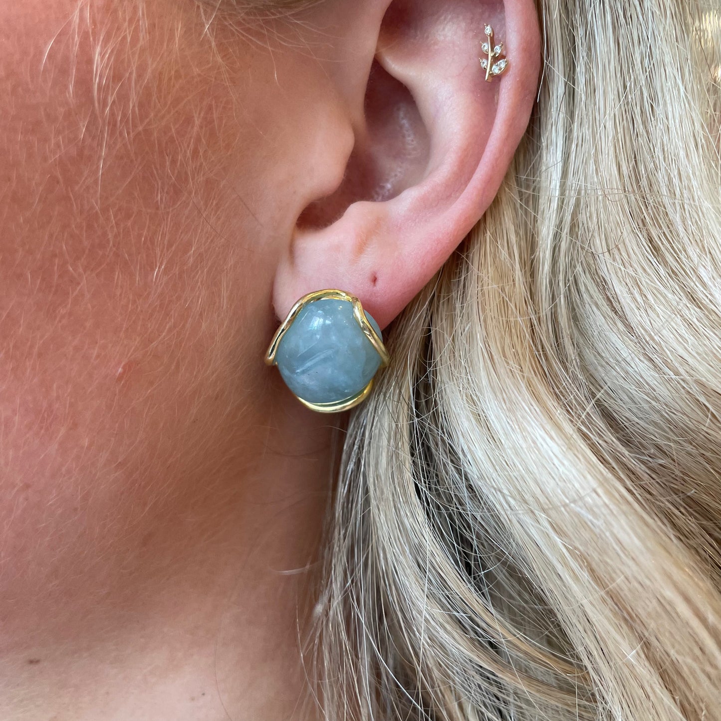 Bruno Baroque Aquamarine Stud Earrings with 21mm x 17mm faceted aquamarine stones, elegant jewelry for pierced ears.