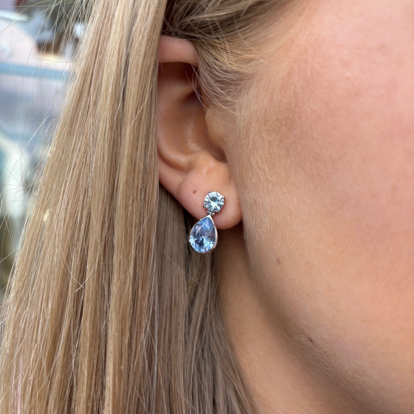 Silver Aqua Pear CZ Drop Earrings | 5.5mm & 7x10mm