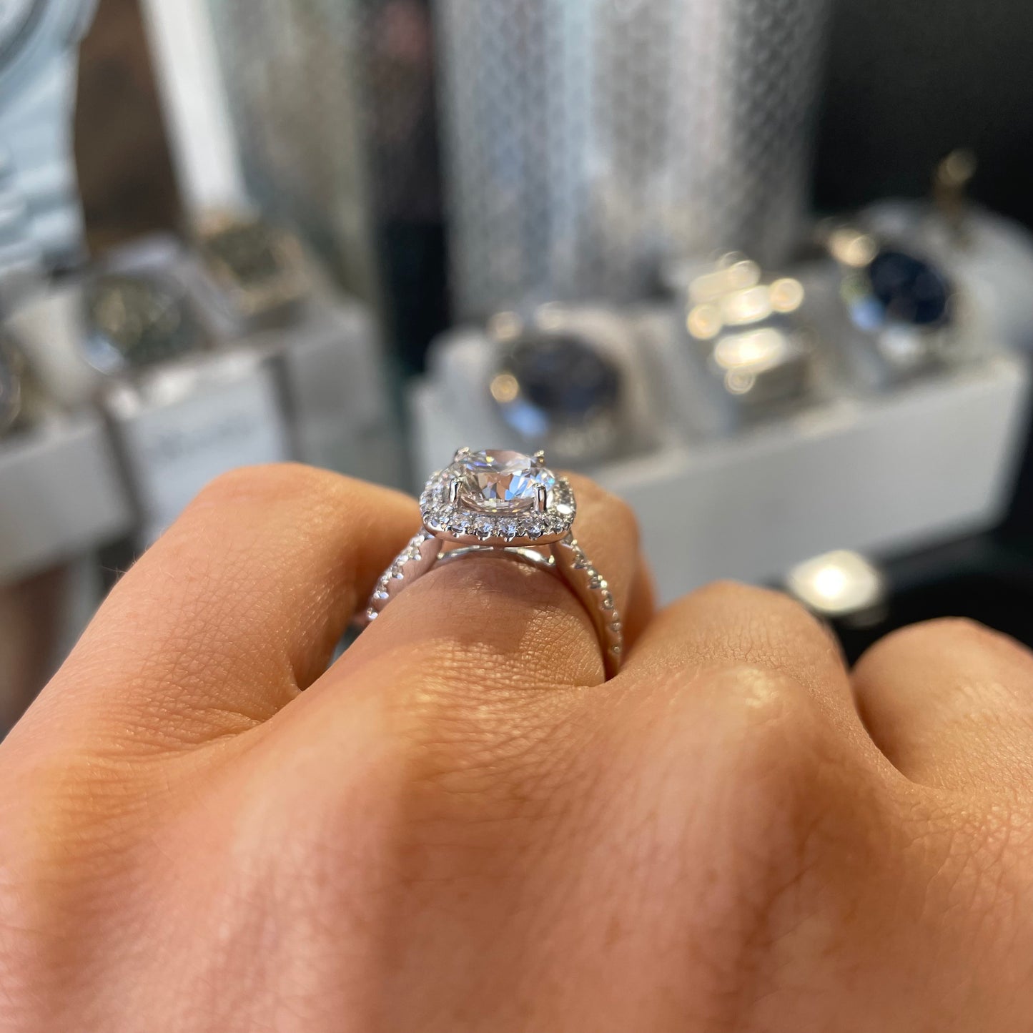 18ct White Gold Solitaire Halo Engagement Ring | Certificated Lab 2.19ct - John Ross Jewellers