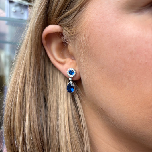 Silver Sapphire Blue Pear CZ Drop Earrings - John Ross Jewellers