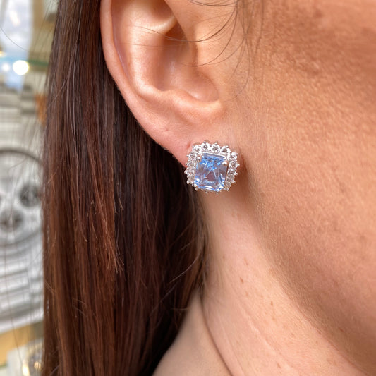 Silver Aqua Blue CZ Statement Halo Stud Earrings - John Ross Jewellers