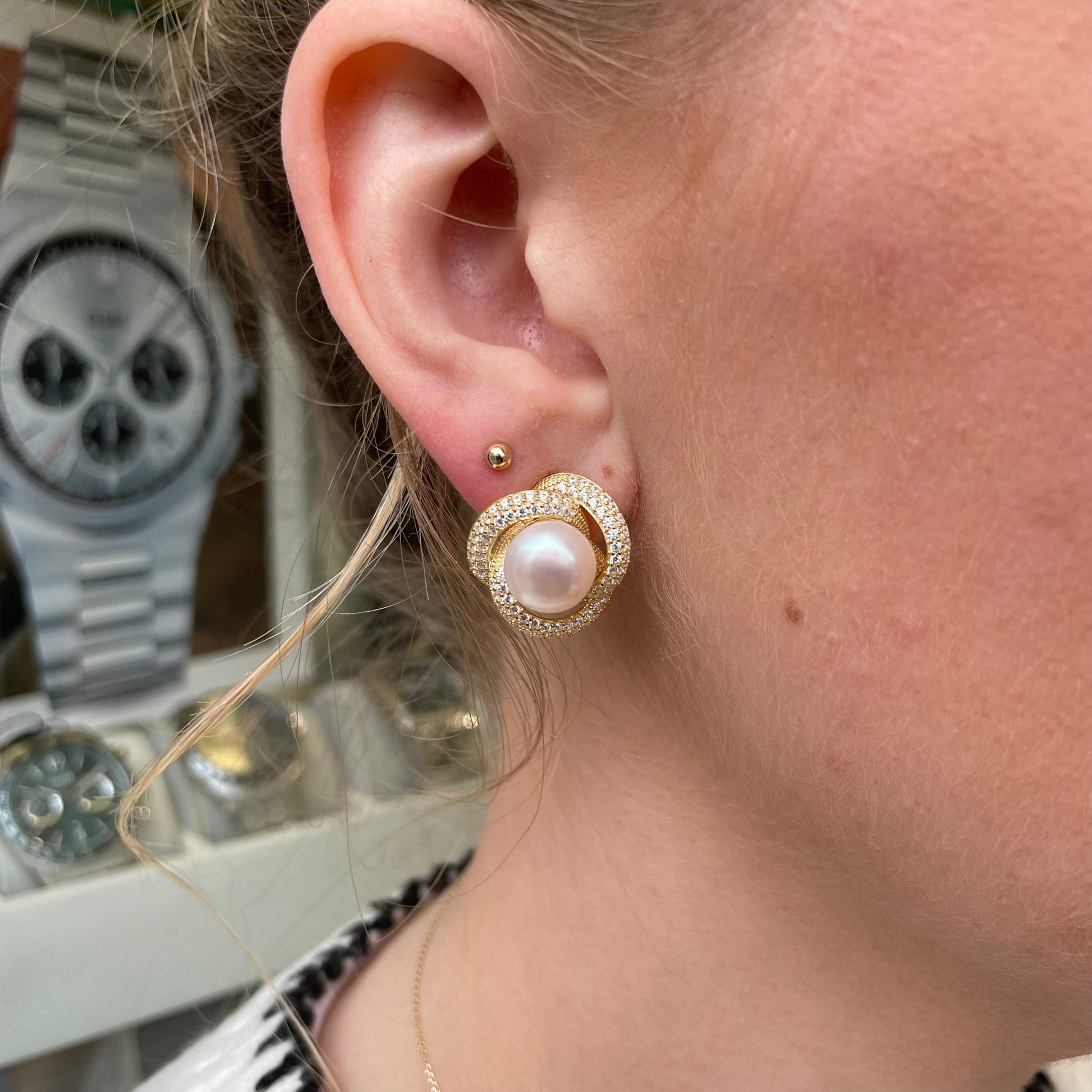 Sunshine 10mm Freshwater Pearl & CZ Swirl Stud Earrings - John Ross Jewellers