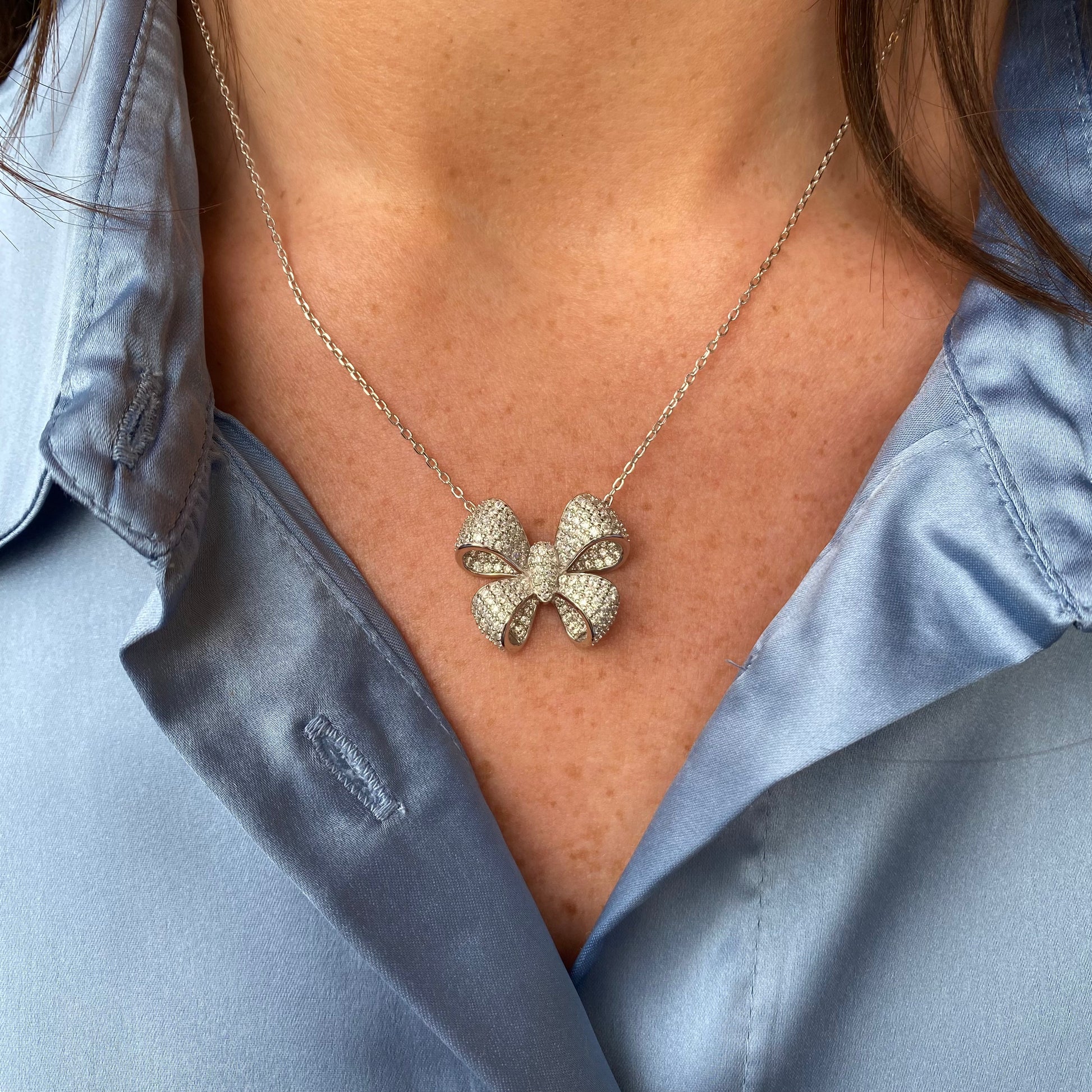 Silver CZ Bow Necklace - John Ross Jewellers