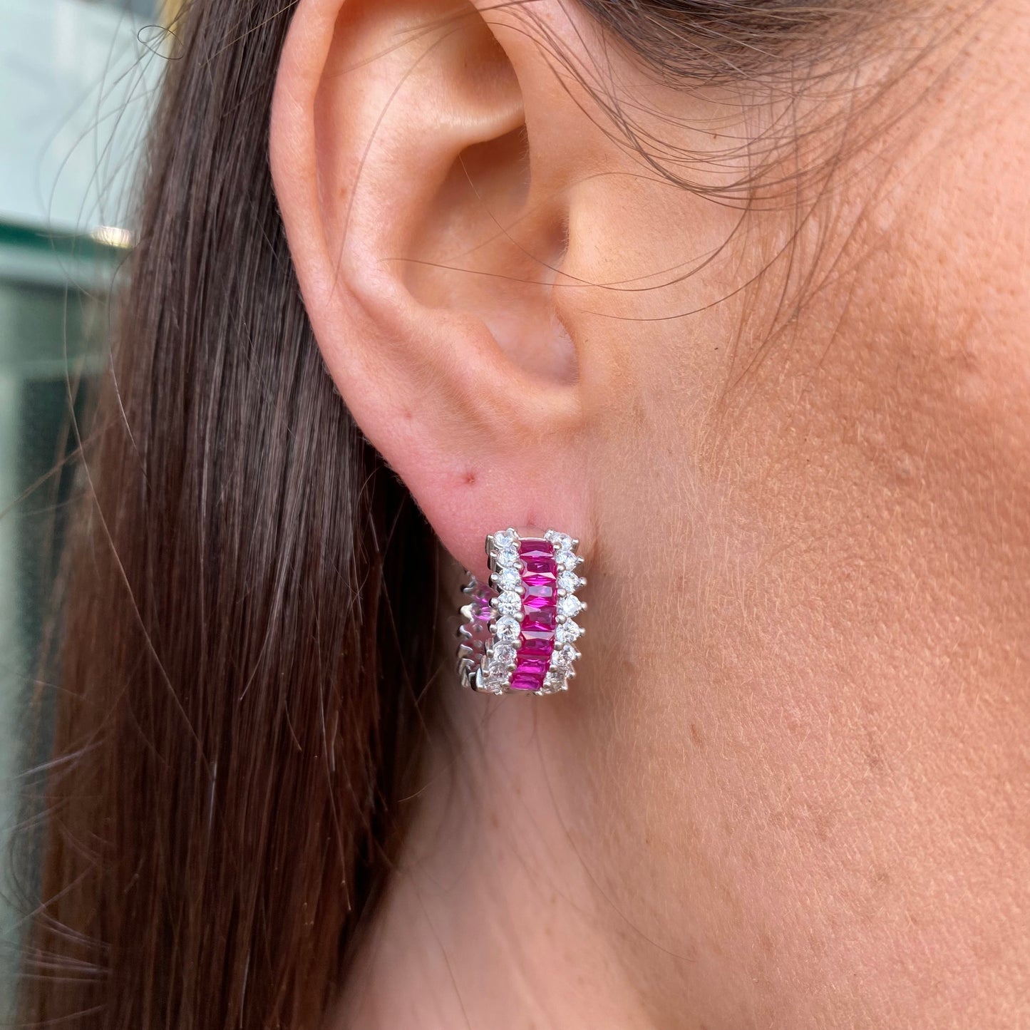 Silver Spikey Wide CZ Huggie Hoop Earrings | Ruby Red - John Ross Jewellers