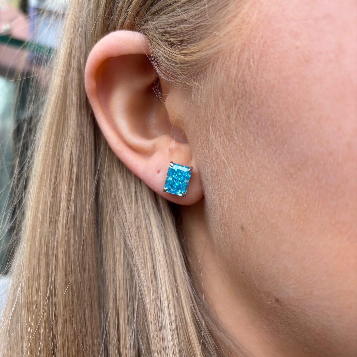 Silver Ice Blue Radiant CZ Stud Earrings | 7x9.5mm