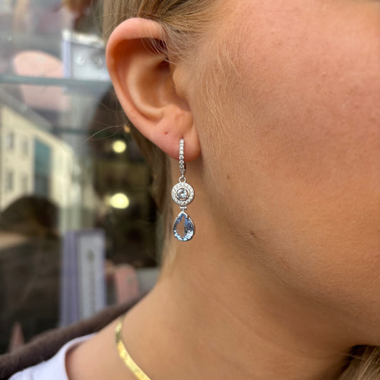 Silver Aqua Pear Lng Drop Earrings - John Ross Jewellers
