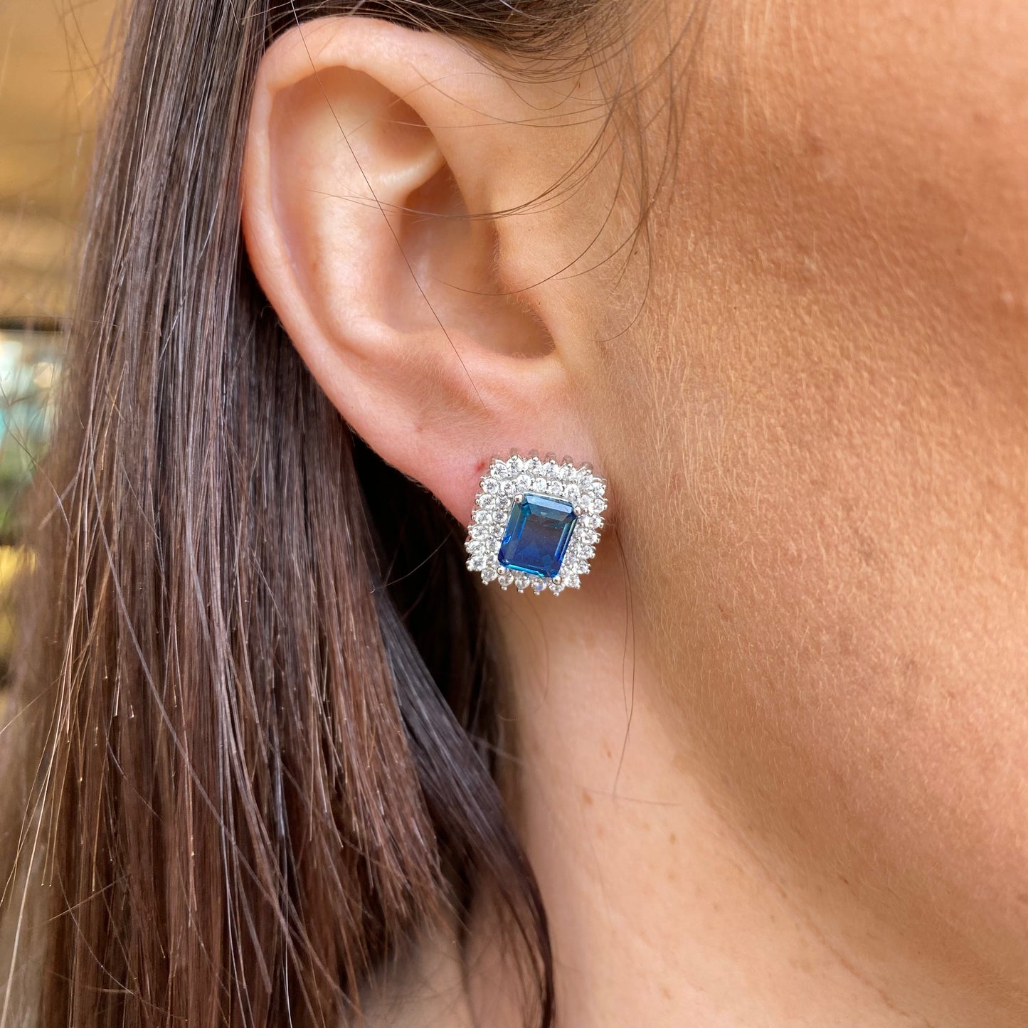 Silver Aqua Blue & CZ Statement Halo Stud Earrings - John Ross Jewellers