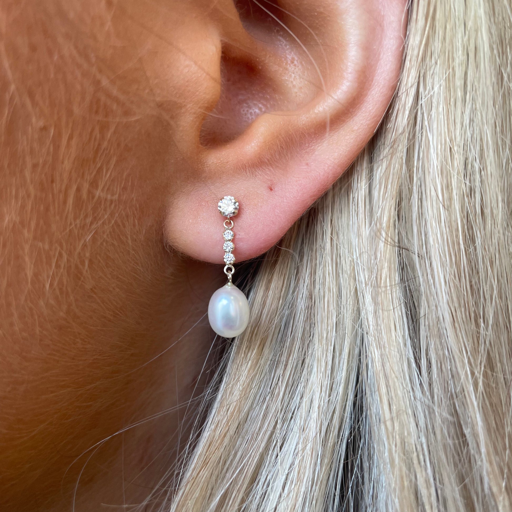 9ct Gold Pearl & CZ Bar Drop Earrings | 20mm - John Ross Jewellers