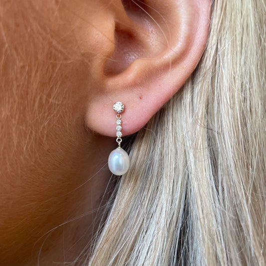 9ct Gold Pearl & CZ Bar Drop Earrings | 20mm - John Ross Jewellers