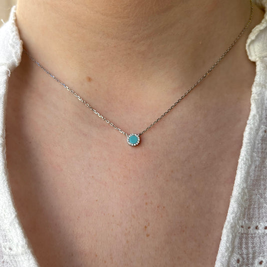 Silver Turquoise & CZ Halo Necklace | 40 + 5cm
