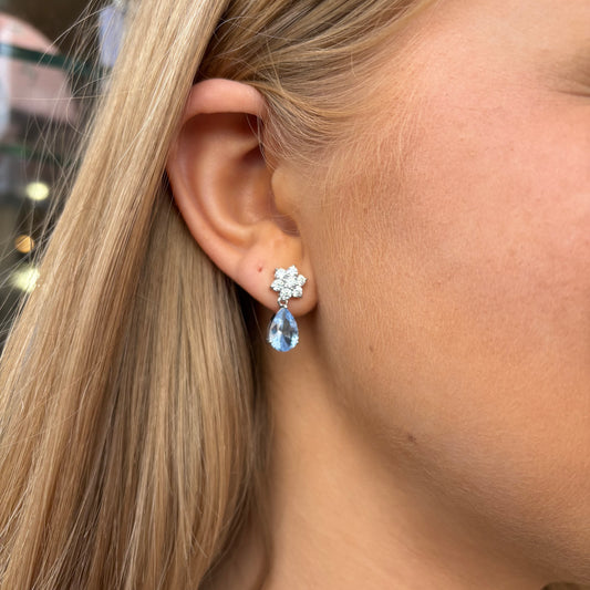 Silver Aqua Pear CZ Drop Earrings - John Ross Jewellers