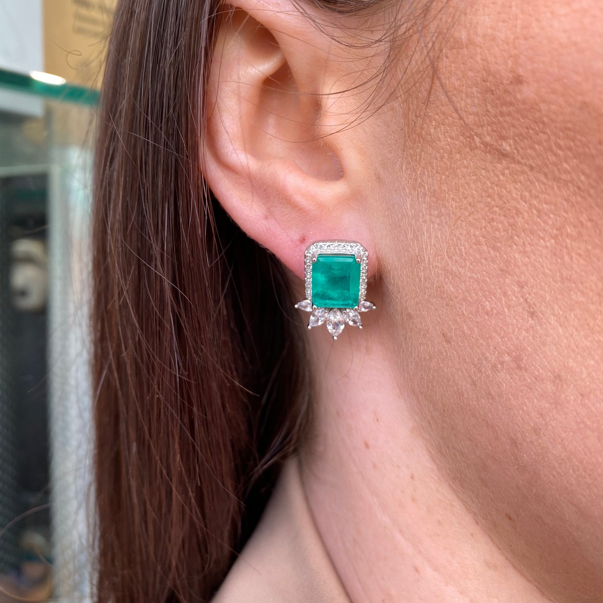 Silver Emerald Cut Green CZ Stud Earrings - John Ross Jewellers