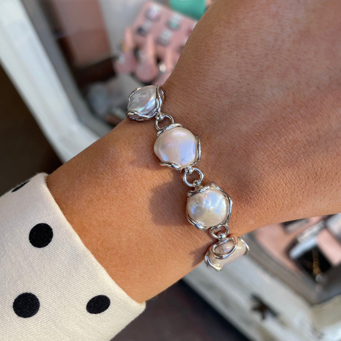 Bruno silver Baroque pearl bracelet featuring large irregular-shaped pearls on a delicate silver chain.
