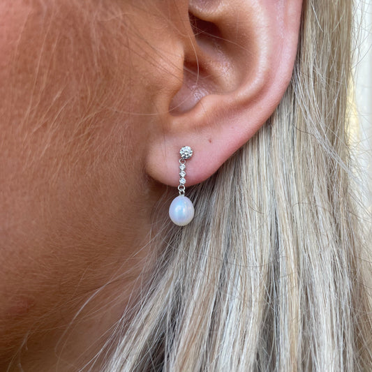 9ct White Gold Pearl & CZ Bar Drop Earrings | 20mm - John Ross Jewellers