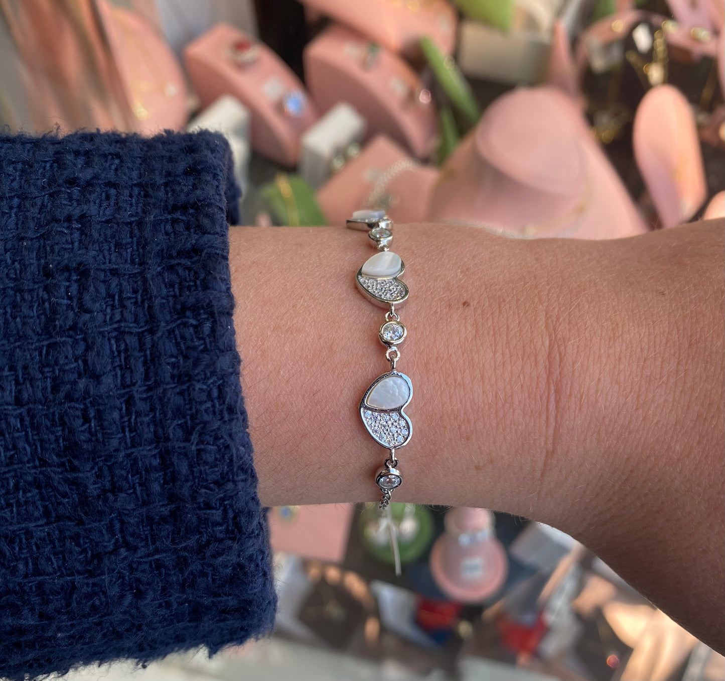 Silver CZ Bracelet | Mother of Pearl Hearts - John Ross Jewellers