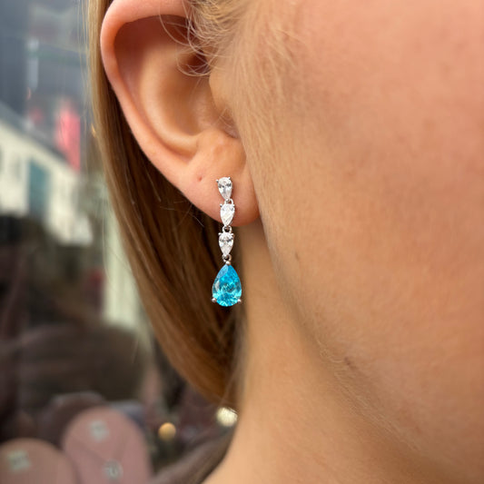 Silver Aqua Pear CZ Drop Earrings - John Ross Jewellers