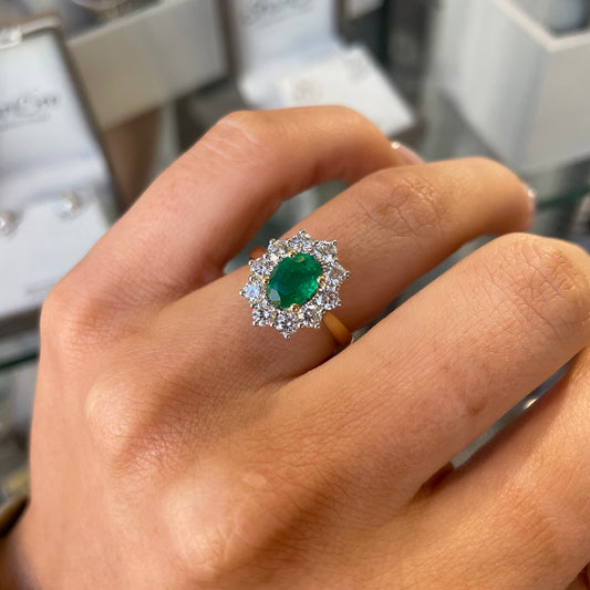 18ct Gold Emerald & Diamond Cluster Ring - John Ross Jewellers