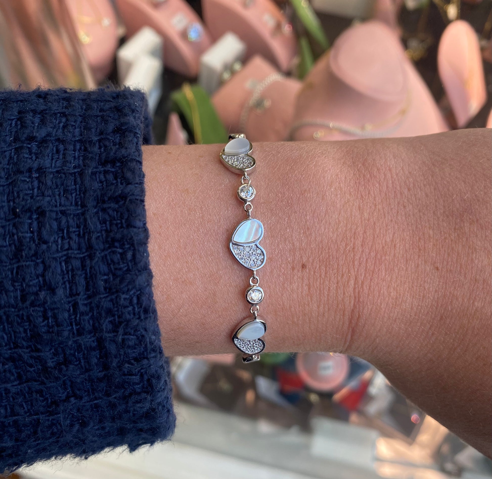 Silver CZ Bracelet | Mother of Pearl Hearts - John Ross Jewellers