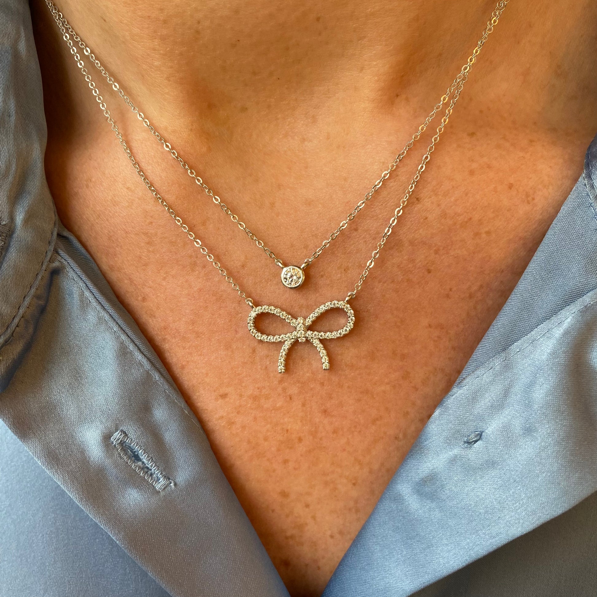 Silver Pretty CZ Bow Double Necklace - John Ross Jewellers
