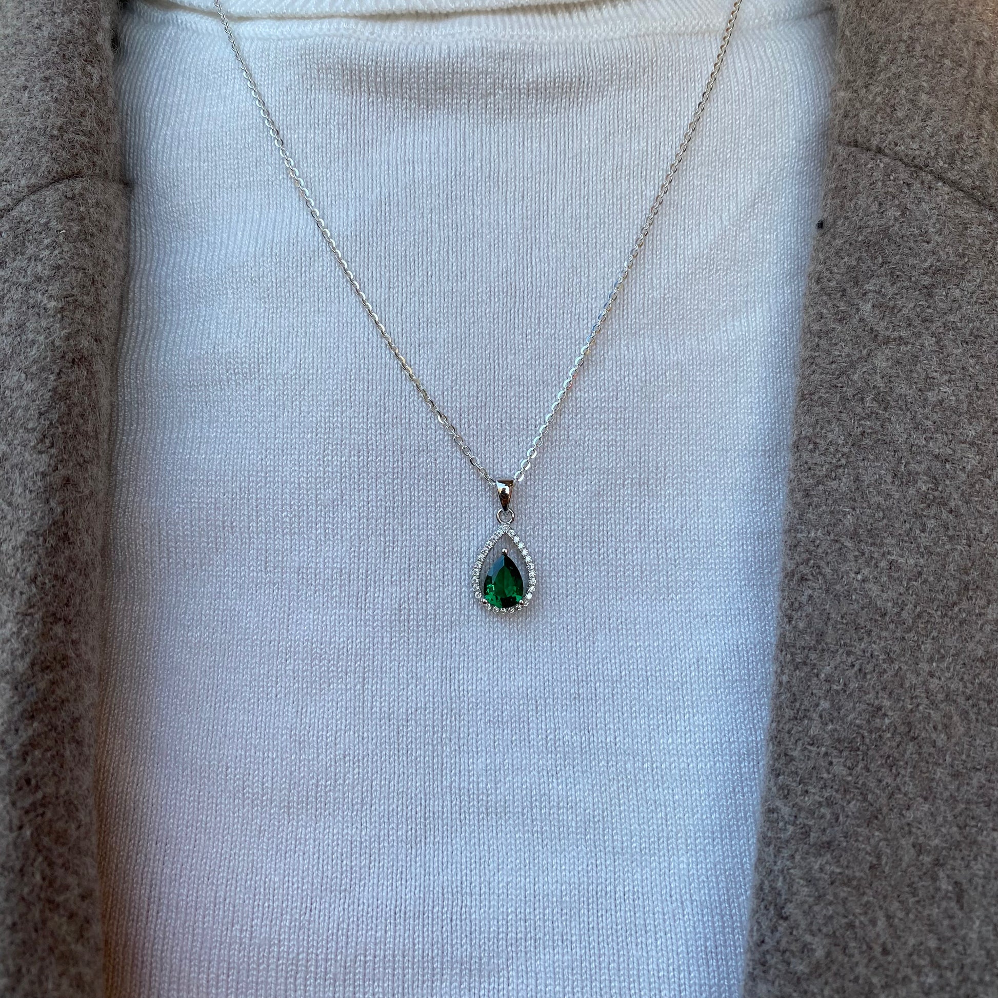 Silver Emerald Green Pear CZ Necklace - John Ross Jewellers