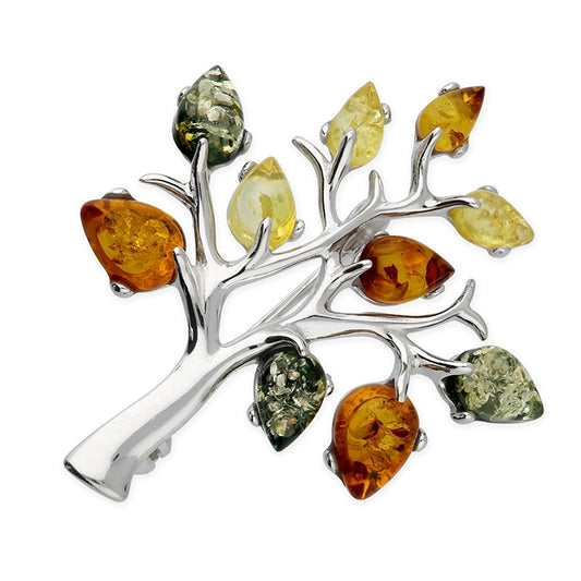 Silver Mixed Amber Tree Of Life Brooch - John Ross Jewellers