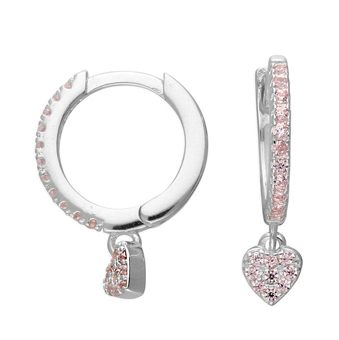 Silver Pink CZ Heart Charm Huggie Earrings - John Ross Jewellers
