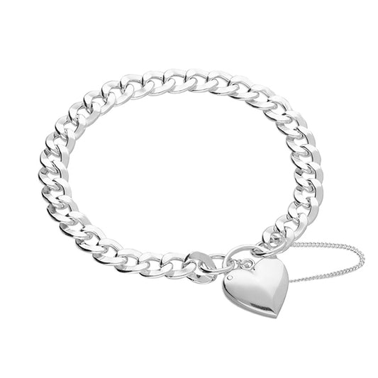 Silver Hollow Curb Bracelet with Heart Padlock