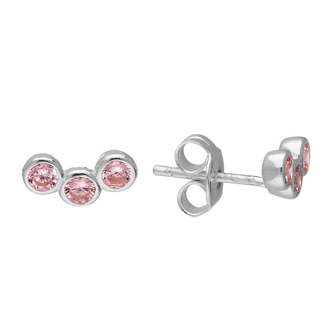 Silver Pink CZ Trio Curve Stud Earrings - John Ross Jewellers