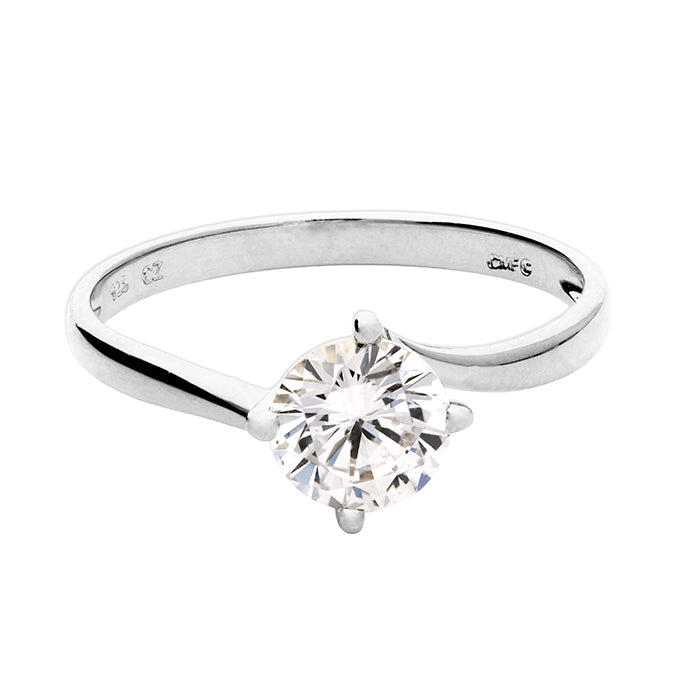 Silver CME elegant CZ twist promise ring with intricate design and sparkling stones, showcasing a stylish, modern jewelry piece.