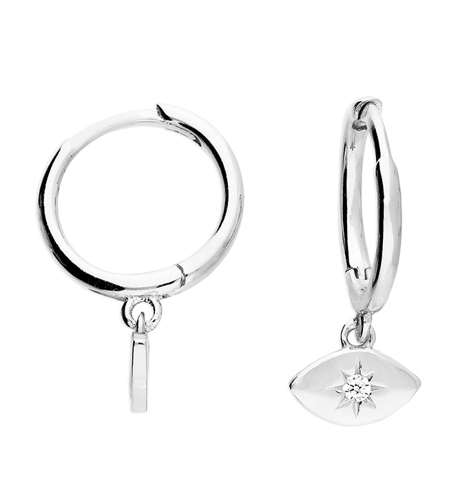 Silver CZ Evil Eye Charm Huggie Hoop Earrings | 10mm - John Ross Jewellers