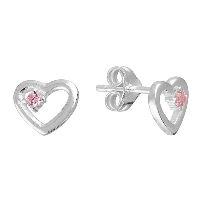 Silver Pink CZ Open Heart Stud Earrings - John Ross Jewellers