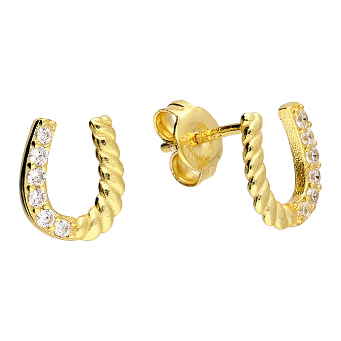CME Sunshine CZ Horseshoe Stud Earrings featuring sparkling cubic zirconia in a horseshoe shape on sterling silver posts