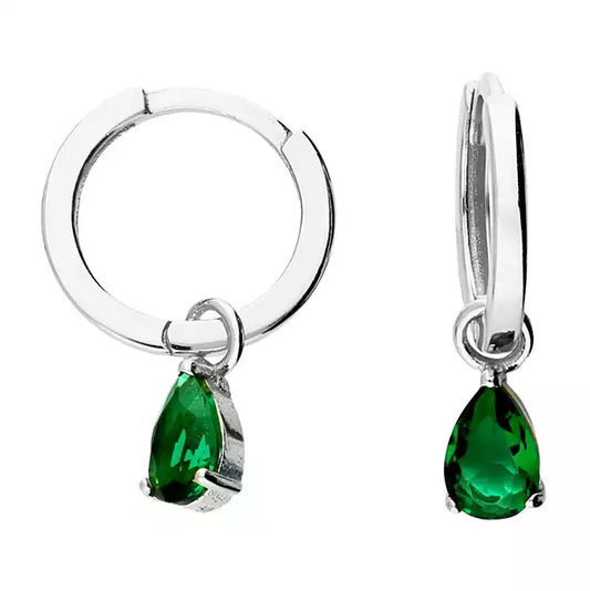 Silver Green Pear CZ Charm Huggie Hoop Earrings - John Ross Jewellers