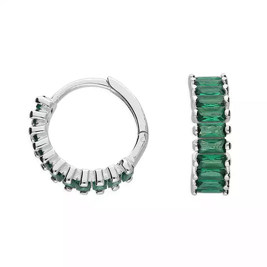 Silver Green CZ Baguette Huggie Hoop Earrings - John Ross Jewellers