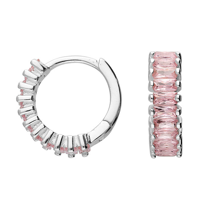 Silver Pink CZ Baguette Huggie Hoop Earrings - John Ross Jewellers