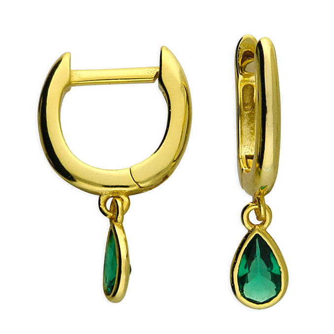 Sunshine Green CZ Horseshoe Huggie Hoop Earrings by CME, featuring sparkling green cubic zirconia in a horseshoe design