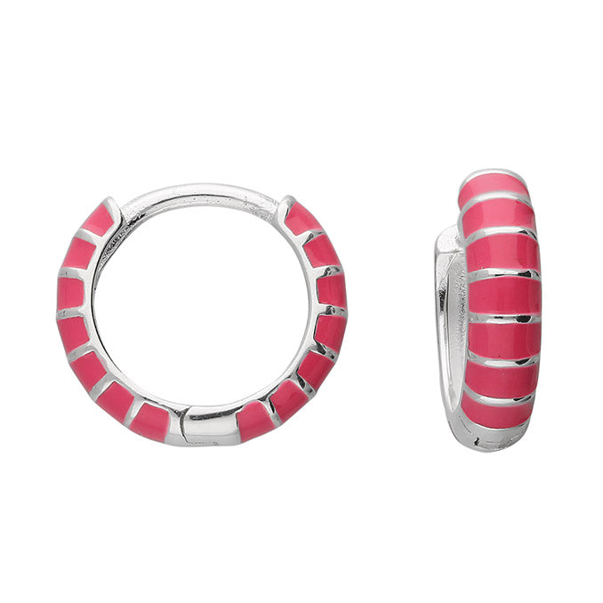 Silver Hot Pink Enamel Striped Huggie Hoop Earrings | 12mm - John Ross Jewellers